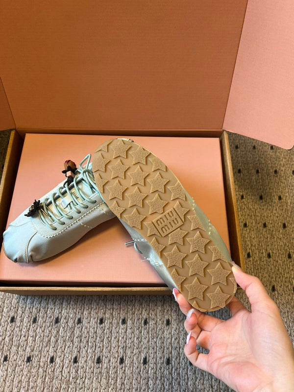 Miu Miu 2026 Plume Sneaker With Floral Charm Light Blue Satin 621342