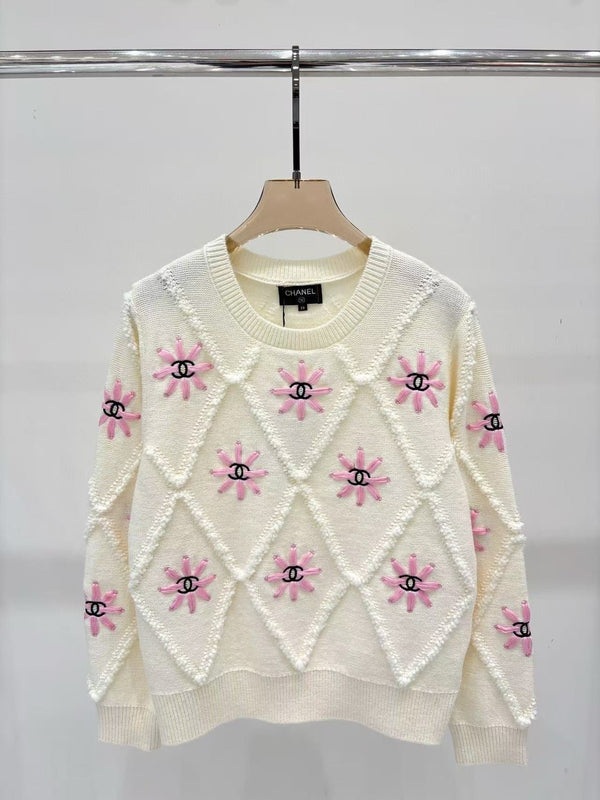 Chanel 2025 Knit Sweater With Pink Floral Motifs