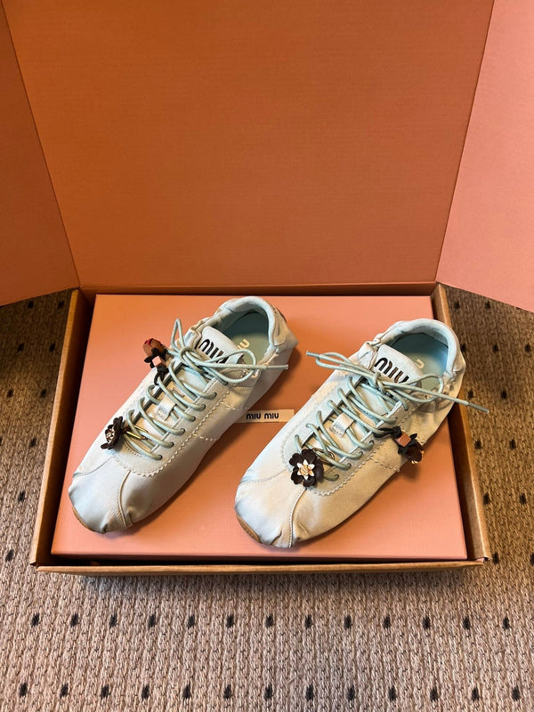 Miu Miu 2026 Plume Sneaker With Floral Charm Light Blue Satin 621342