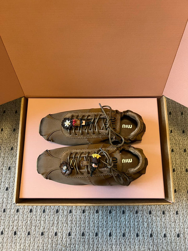 Miu Miu 2026 Plume Sneaker With Floral Charm Brown Satin 621344