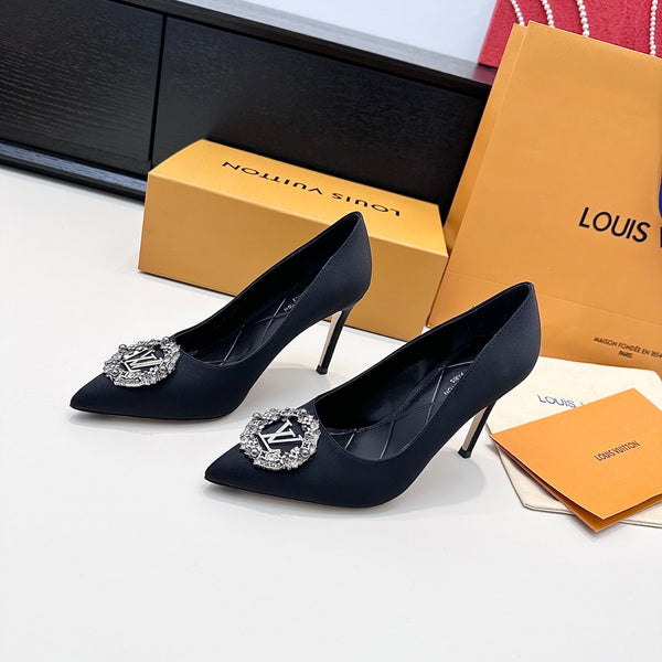 LV 26s Pointed-Toe High Heels 75 Black Premium Satin 622453