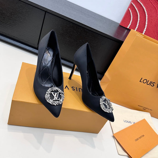 LV 26s Pointed-Toe High Heels 75 Black Premium Satin 622453