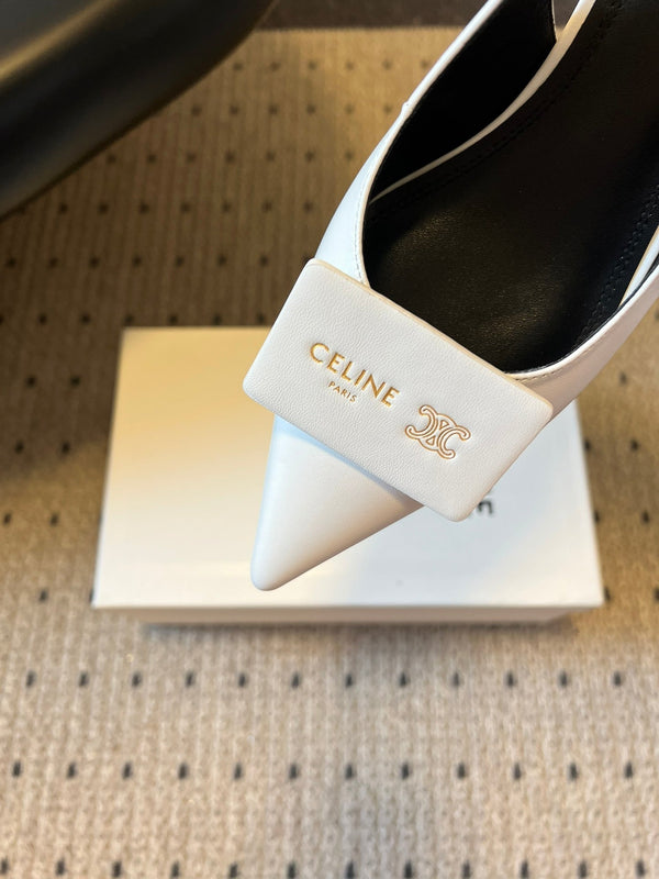 Celine 26 Pointed-Toe Slingback White Sheepskin 619636