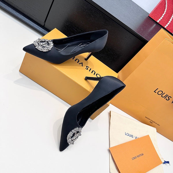 LV 26s Pointed-Toe High Heels 75 Black Premium Satin 622453