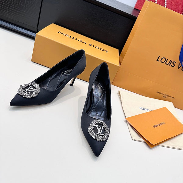 LV 26s Pointed-Toe High Heels 75 Black Premium Satin 622453