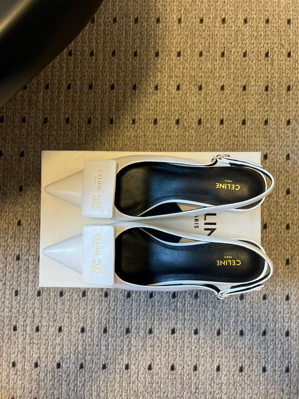 Celine 26 Pointed-Toe Slingback White Sheepskin 619636