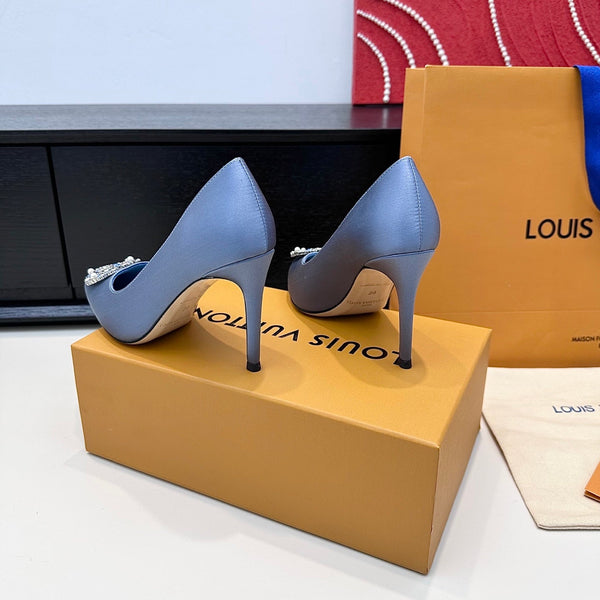 LV 26s Pointed-Toe High Heels 95 Light Blue Premium Satin 622434