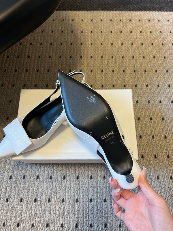 Celine 26 Pointed-Toe Slingback White Sheepskin 619636
