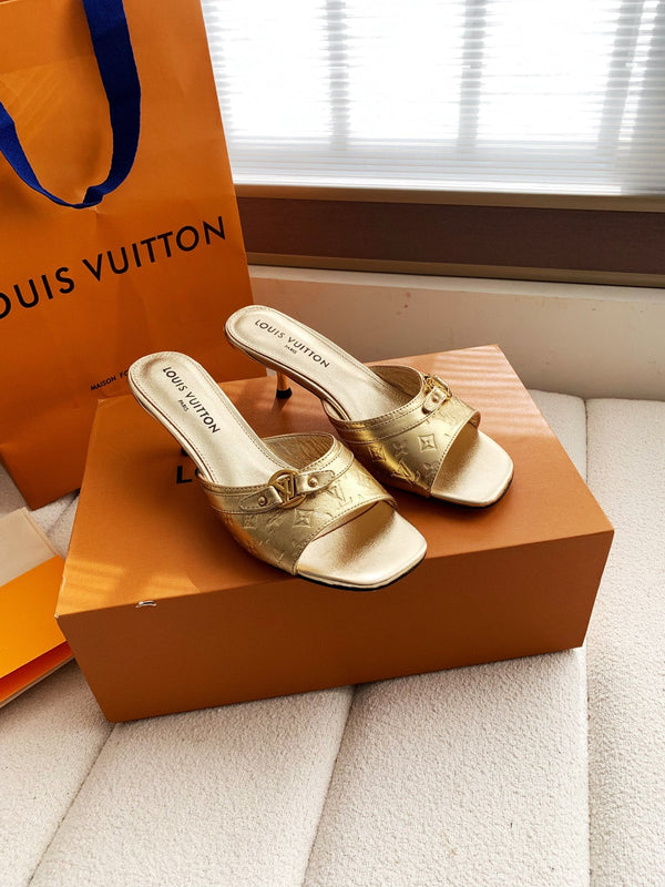 LV 26s High Heels 55 Slippers Gold Metallic Sheepskin 614984