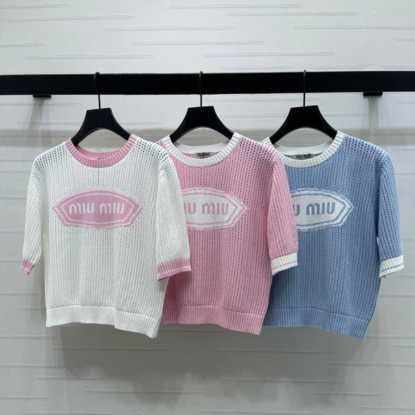 Miumiu 2026 Crew Neck Openwork Knit Short-sleeved Shirt Wool